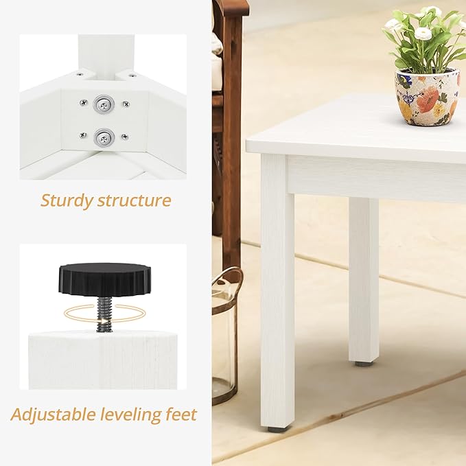 LUE BONA Outdoor Coffee Table Rectangle, HDPS Patio Coffee Tables for Outside, All Weather Patio Coffee Table with Slatted Tabletop for Deck, Garden, Balcony, Indoor or Outdoor Use, White