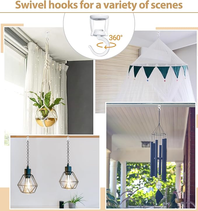 Mkono Ceiling Hooks for Hanging Plants, Heavy Duty Metal Plant Hanger for Drop Ceiling, Swag Hook for Hanging Planters, Lights, Birdfeeders, Indoor Outdoor Decorative Screw-in Hooks (White 4 Pack)