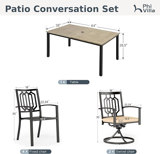 PHI VILLA 7 Pieces Outdoor Dining Set for 6, 65” Brown Wood-Like Wrought Iron Table with Umbrella Hole & Fixed/Swivel Chairs Combo with Cushions, Modern Metal Furniture for Patio, Deck, Yard, Porch
