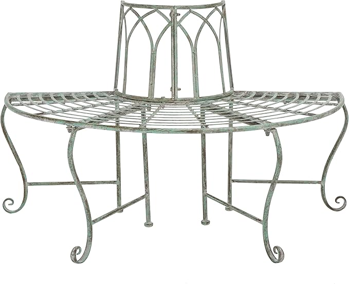 SAFAVIEH Outdoor Furniture Collection – Abia Antique Dark Green Distressed Wrought Iron 50-Inch Curved Tree Bench, Garden & Patio Seating (PAT5018D)