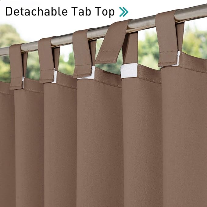 NICETOWN Outdoor Curtainss for Patio Waterproof, Self-Stick Tab Top Blackout Indoor Outdoor Dividers Wind Resistant Thermal Insulated Slider for Porch & Pergola, 52" Wide by 120" Long, Tan, 2 Pieces