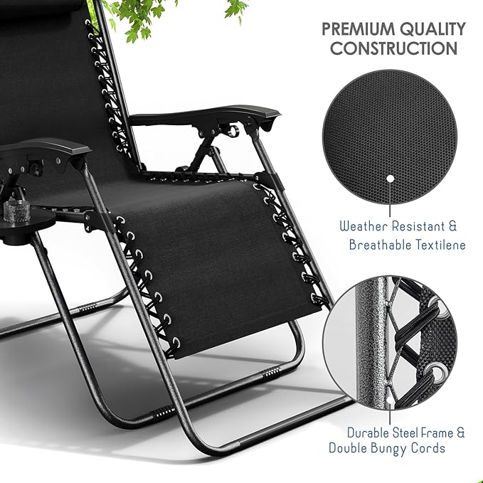Nestl Zero Gravity Chairs Set of 4, Patio Lounge Chair Outdoor with Pillows & Cup Holder Trays, Adjustable Steel Mesh Reclining Camping Chair, Folding Patio Lawn Chair for Deck, Beach, Yard - Black