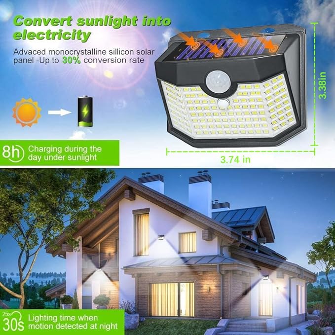 HMCITY 120 LED Outdoor Solar Lights with Motion Sensor and 3 Lighting Modes, IP65 Waterproof Wide Solar Wall Lights Ideal for Garden Patio Yard (Front Button 8Packs, Black Shell-Daylight White)