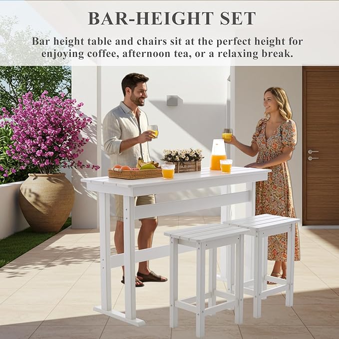 3 Pcs HDPE Outdoor Bar Set of 2 Includes Bar Height Table and Chairs, Patio Bar Stools Set for Bistro, Poolside, Backyard, White