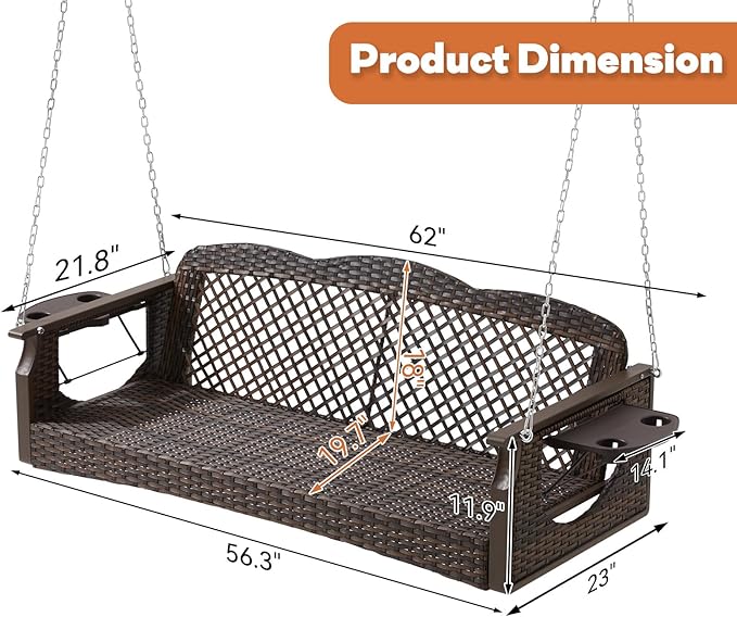3 Seat Porch Swing, Wicker Patio Swing with Cup Holders & 3 Back Cushions, Yard Swing with Chains for Deck Garden Backyard,Brown Rattan, Beige Cushion, 56-inch