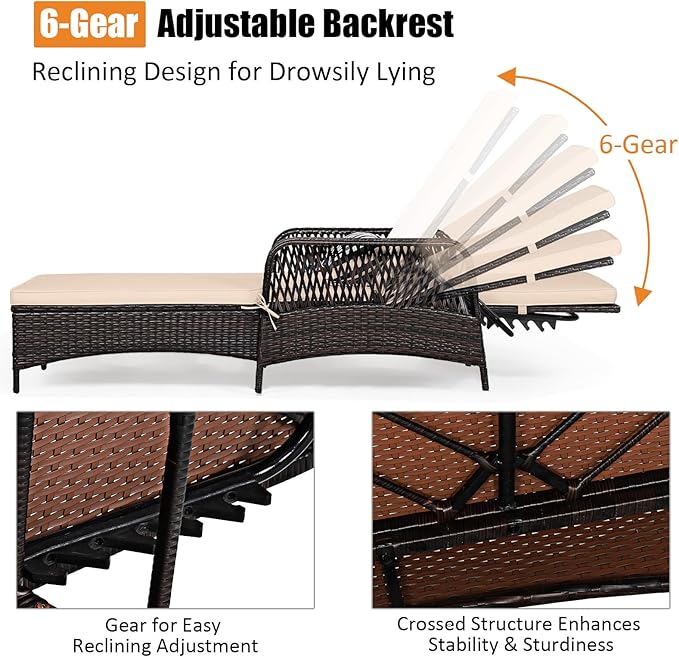 Tangkula Wicker Chaise Lounge Outdoor Set of 2, Patio Rattan Reclining Chaise with 6-Gear Adjustable Backrest, Thick Padded Cushion & Removable Lumbar Pillow, Pool Lounge Chairs for Outside Balcony