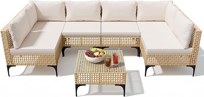 Devoko Patio Furniture Set 7 Piece Outdoor Sectional Sofa Hollow Rattan Patio Seating Sofa with Coffee Table & Ottoman for Deck, Porch, Poolside