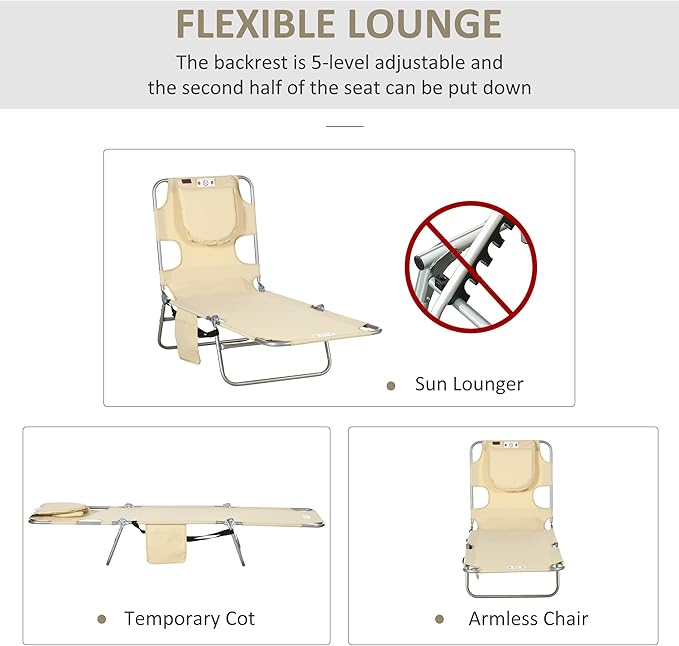 Outsunny Folding Beach Lounge Chair with Face Hole and Arm Slots, 5-Level Adjustable Sun Lounger Tanning Chair with Pillow for Patio, Garden, Beach, Pool, Beige
