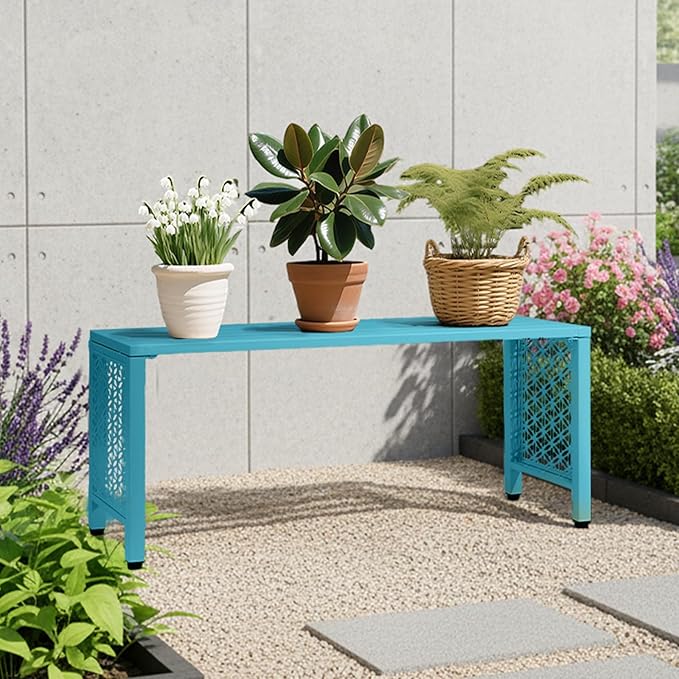 VINGLI 40in Outdoor Metal Bench, All-Weathe Backless Patio Bench with Slatted Seat＆Floral Side Panels, Rust-Resistant Garden Bench, Weatherproof Outdoor Seating for Porch Entryway Backyard (Blue)