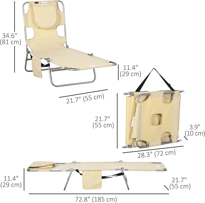 Outsunny Folding Beach Lounge Chair with Face Hole and Arm Slots, 5-Level Adjustable Sun Lounger Tanning Chair with Pillow for Patio, Garden, Beach, Pool, Beige