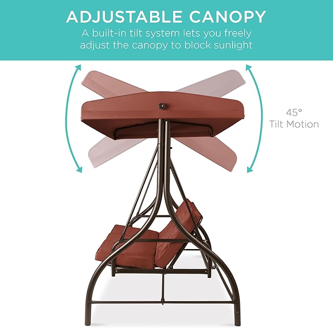 Best Choice Products 3-Seat Outdoor Large Converting Canopy Swing Glider, Patio Hammock Lounge Chair for Porch, Backyard w/Flatbed, Adjustable Shade, Removable Cushions - Dark Rust