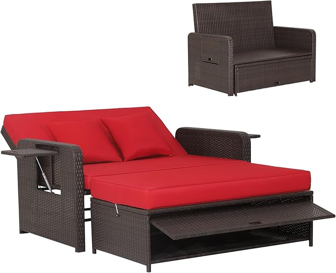 HAPPYGRILL Patio Rattan Wicker Daybed with Loveseat & Storage Ottoman, Outdoor Lounge Sofa Furniture Set with Adjustable Backrest & Side Trays, for Poolside Deck Porch Lawn (Mix Brown & Red)