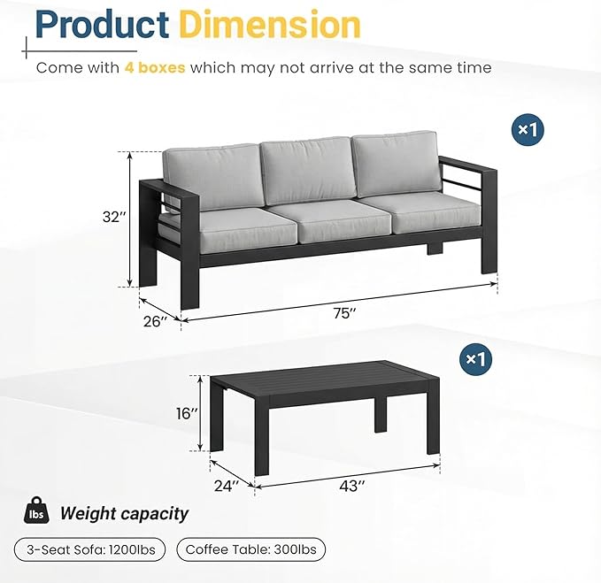 Solaste Aluminum Patio Furniture Set for All Weather, Oversized Metal Outdoor Furniture Set with 27.5" Deep Seating and 3.2" Wide Armrest, Outdoor Patio Sofa with 10" Back Suport Cushion