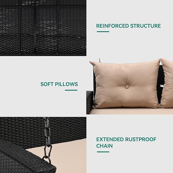 YITAHOME Wicker Hanging Porch Swing Chair 2-Seats Outdoor Black Rattan Patio Swing Lounge w/ 2 Back Cushions Capacity 530lbs for Garden, Balcony, Living Room, Beige