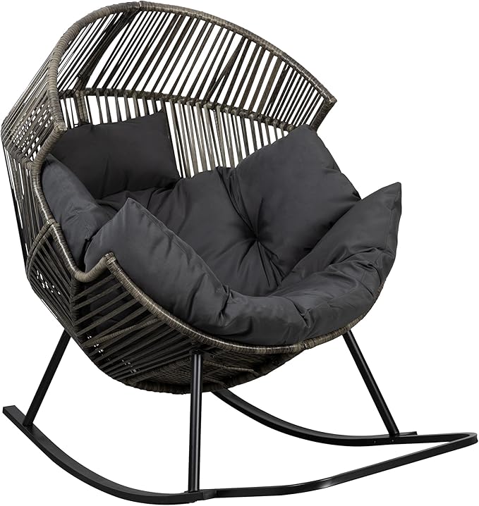 Shintenchi Wicker Egg Chair,Oversized Outdoor Indoor Rocking Chair,Large PE Rattan Rocking Chair with Cushion for Patio, Balcony, Backyard, Garden,Deep Grey