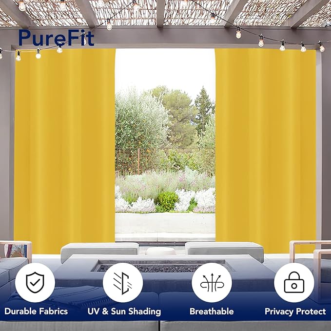 PureFit Outdoor Curtains for Patio Waterproof Weatherproof, UV Resistant Outside Curtains for Gazebo, Front Porch, Pergola, Sun Blocking Privacy Curtain, 52W x 95L inch, 1 Panel, Yellow