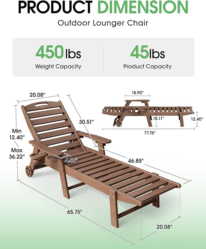Lounge Chair Outdoor Set of 2, HDPE Chaise Lounge Outdoor with 5-Position & Wheels &Cup Holder, Pool Lounge Chair for Pool Poolside Deck Backyard Patio, Brown