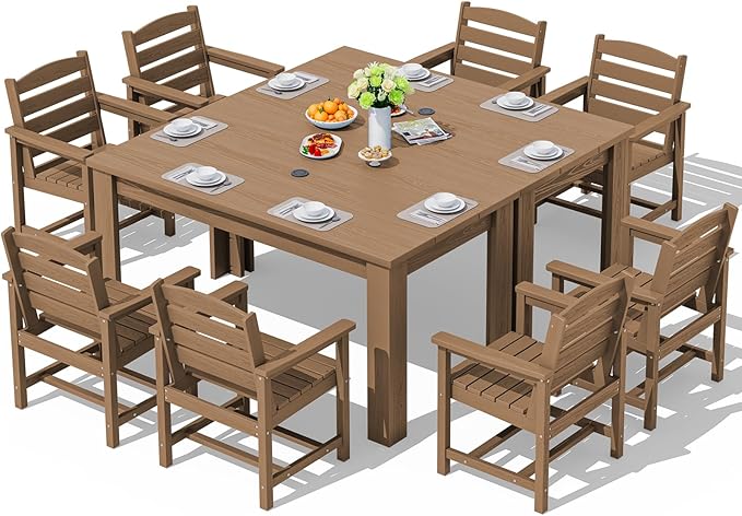 SERWALL Patio Dining Sets for 8, Outdoor Dining Sets for 8 Person with 2 Umbrella Hole Cut-Out Rectangular Tables and 8 Chairs, HDPE Dining Sets for Garden, Backyard, Poolside, Brown