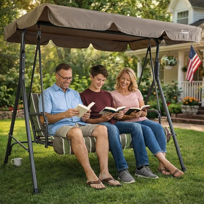 Kozyard Alicia 3-Seat Patio Swing, Outdoor Canopy Swing with Steel Frame, Adjustable Canopy and Removable Cushions for Porch Patio Garden Poolside, Lime Stripe