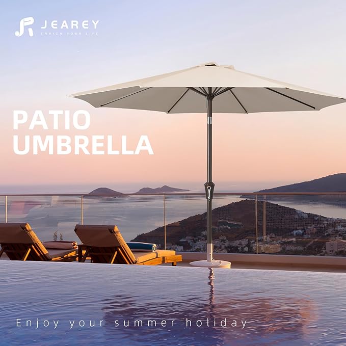 JEAREY 9FT Outdoor Patio Umbrella Market Umbrella with Push Button Tilt and Crank, Outdoor Table Umbrellas 8 Sturdy Ribs UV Protection Waterproof for Garden, Deck, Backyard, Pool (Cream Beige)