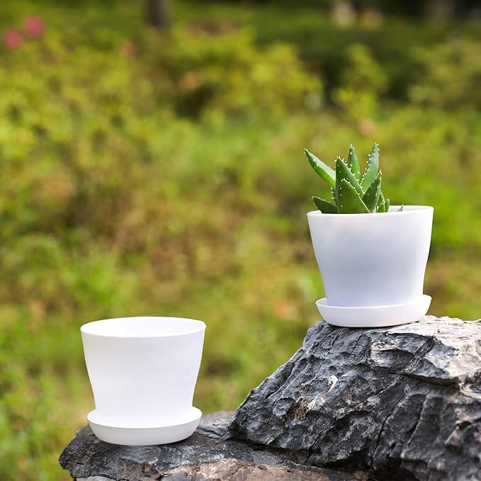 TDHDIKE 10 Pcs Plastic Planters Indoor Flower Plant Pots, Mini Flower Seedlings Nursery Pot/Planter/Flower Pot with Pallet, Modern Decorative Gardening Containers (White25)