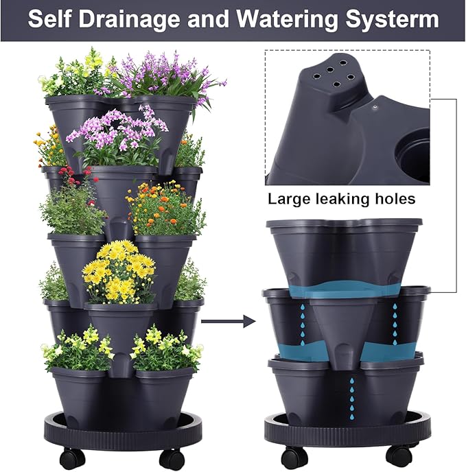 Umigy 2 Set 5 Tier Stackable Planters Vertical Garden Planters for Strawberry Herb Flower and Vegetable Indoor Outdoor Gardening Pots with Removable Wheels and Bottom(Grey)