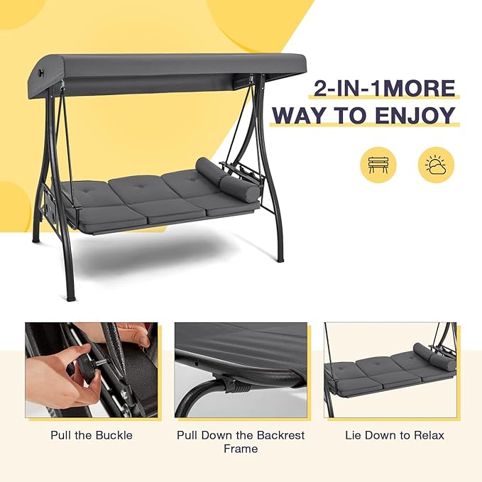 HOMREST 3 Person Outdoor Porch Swing with 1.5" Upgraded Cup Holder, Adjustable Canopy, Backrest, Patio Swing Bed with Weather Resistant Steel Frame, Cushions for Garden,Deck and Poolside(Grey)