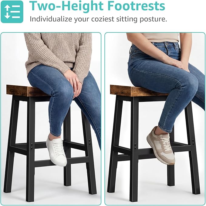 Rustic Bar Stools, 24 Inch Barstools Set of 2, Counter Height Stool with Footrest, Wooden Stools for Kitchen Island, Heavy Duty Backless Chair for Dining Table Farmhouse Outdoor