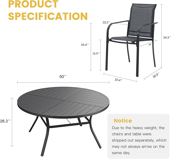 VICLLAX Patio Table and Chair Set of 6, All Weather Metal Round Outdoor Dining Furniture Set-50 Round Outdoor Table and Chairs, Black Tabletop