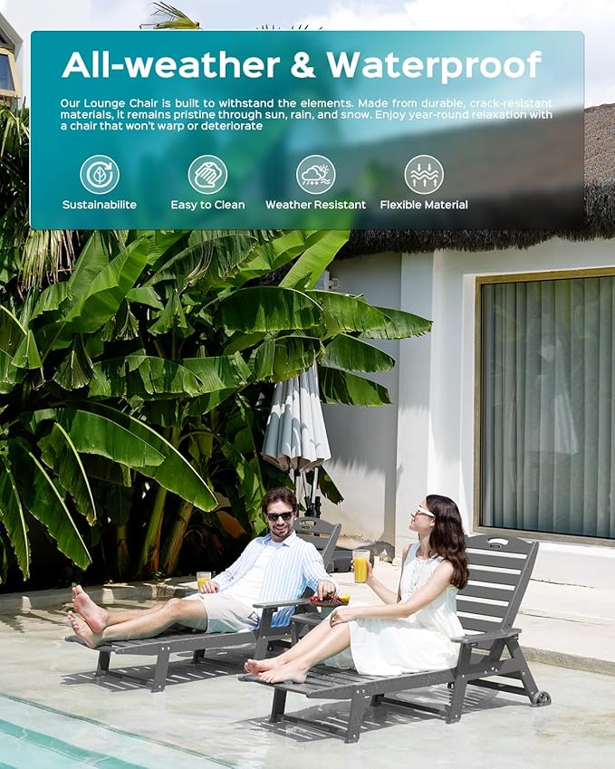 Ciokea Outdoor Lounge Chair Set of 4, All Weather Patio Chaise Lounge Chair for Outside, HDPE Chair with Rolling Wheels & Cup Holder, 5 Position, Deck, Pool, Dark Grey