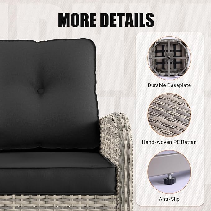 11-Piece Outdoor Patio Furniture Set with Rocking Swivel Chair Wicker Sectional Sofa Set, Patio Conversation Set with Ottomans & Coffee Table for Garden, Backyard, Poolside, Dark Grey