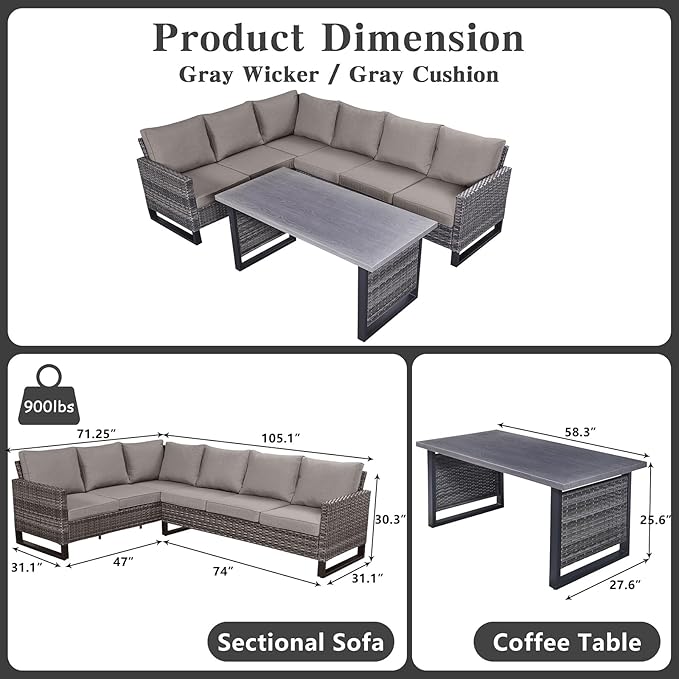 Belord Outdoor Sectional Sofa 6 Seater L Shaped Couch Wicker Patio Conversation Furniture Set with Tree-Grain Finish Metal Dining Table, Rattan Outdoor Furniture with Removable Washable Cushion Blue