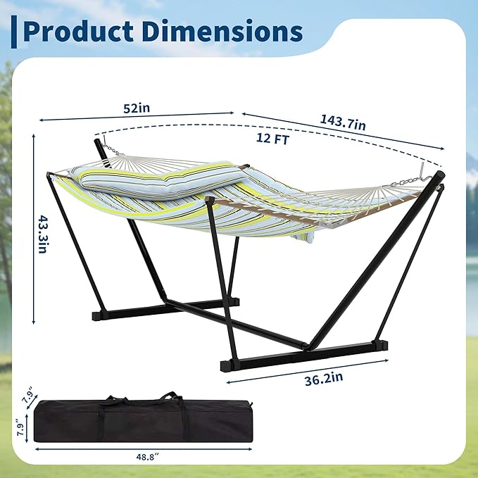Portable 2 Person Double Hammock with Sturdy Heavy-Duty Steel Stand – 450LBS Max Load, Quick & Effortless Assembly, Perfect for Indoor Living, Yard, Patio & Camping Trips