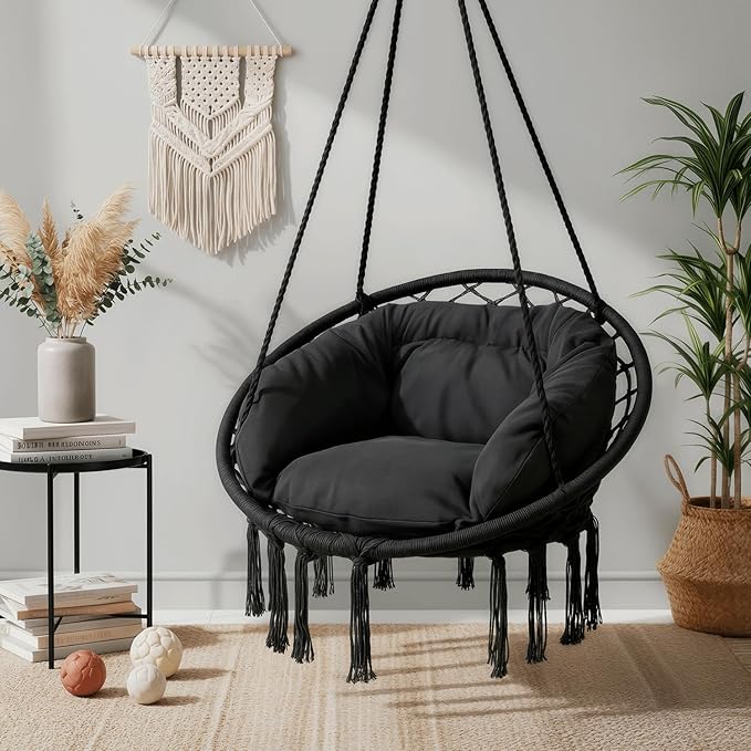 Monibloom Hanging Hammock Chair W/Large Padded Cushion, Macrame Swing Chair for Porch, Max 350 Lbs Capacity Hanging Swing for Adults & Teens, Comfy Hammock for Bedroom Relaxing Reading Napping, Black