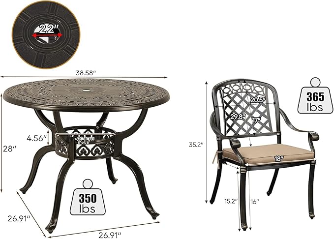 5-Piece Cast Aluminum Outdoor Patio Dining Set, All Weather Cast Aluminum Outdoor Furniture Dining Set for Patio, Balcony, Lawn, Garden, Backyard w/4 Chairs and Cushions, 2.0" Umbrella Hole