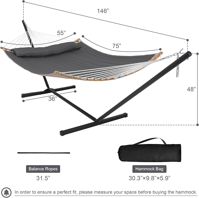 55in Hammock with Stand, Heavy Duty Hammock with Stand Included, Two Person Hammock with Curved Spreader Bar, Pillow and Portable Bag, 450 Lbs Capacity, Dark Gray