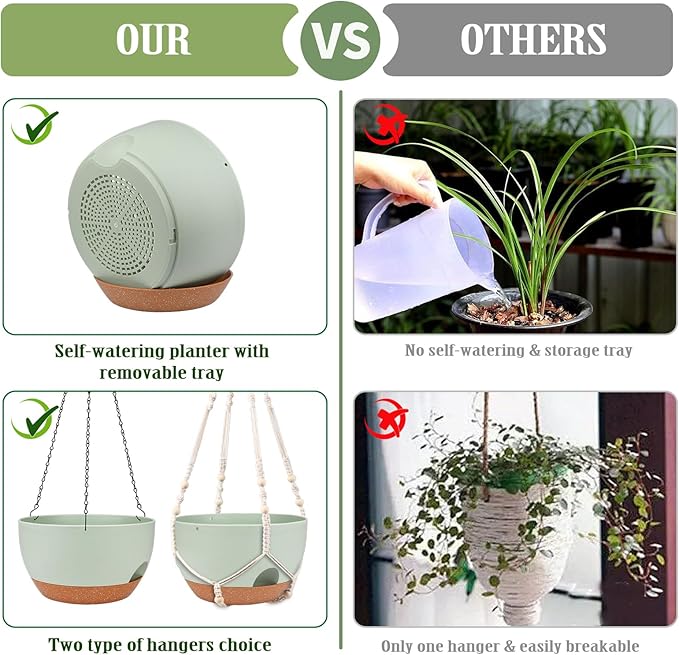 Hanging Planters for Outdoor Indoor Plants, 2 Pack 10 Inch Hanging Basket Plants Outdoor, Self Watering Hanging Planter with Plant Hanger for Garden Home Decoration (Green, 10 inch)