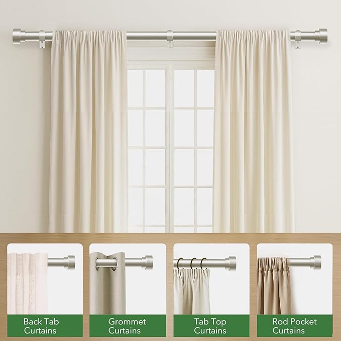 Curtain Rods for Windows 32 to 170, 1 Inch Adjustable Heavy Duty Long Window Outdoor Curtain Rod for Patio, Drapery Rods with Simple End Caps, Size 32"-170", Brushed Nickel