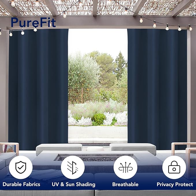 PureFit Outdoor Curtains for Patio Waterproof Weatherproof, UV Resistant Outside Curtains for Gazebo, Front Porch, Pergola, Sun Blocking Privacy Curtain, 52W x 95L inch, 1 Panel, Navy Blue