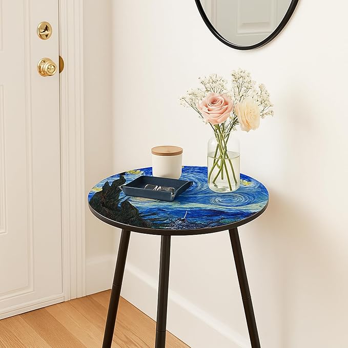 Outdoor Side Table Set of 2 Patio Side Tables for Outside Black End Tables Small Outdoor Table Round Patio End Table Metal Side Table Outside, Indoor, Bedroom, Living Room, Small Spaces, Starry Sky