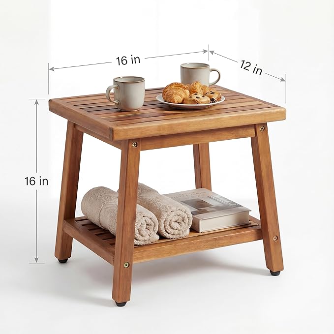 ENKEZI Small Acacia 16 Inches Outdoor Side Table, 2-Tier Sturdy Patio, End Table Weather Resistant, Strong Stability Side Table for Patio, Pool, Porch, Teak Finish (Small)
