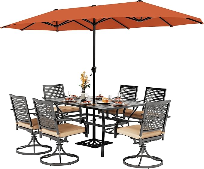 PHI VILLA 7 Pieces Outdoor Dining Set for 6 with Umbrella, 60" Long Metal Table & Swivel Iron Chairs with Cushions & 13ft Red Umbrella, Modern Steel Furniture Set for Patio, Deck, Yard, Porch