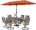 PHI VILLA 7 Pieces Outdoor Dining Set for 6 with Umbrella, 60" Long Metal Table & Swivel Iron Chairs with Cushions & 13ft Red Umbrella, Modern Steel Furniture Set for Patio, Deck, Yard, Porch