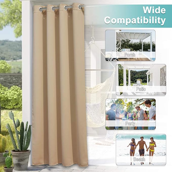 NICETOWN Waterproof Outdoor Curtain 84 inch Long, 66" Wide Stainless Grommet Sunlight Blocking Window Treatment Drape Blackout Curtains for Gazebo/Patio Porch/Pergola/Cabana (Biscotti Beige, 1 Panel)