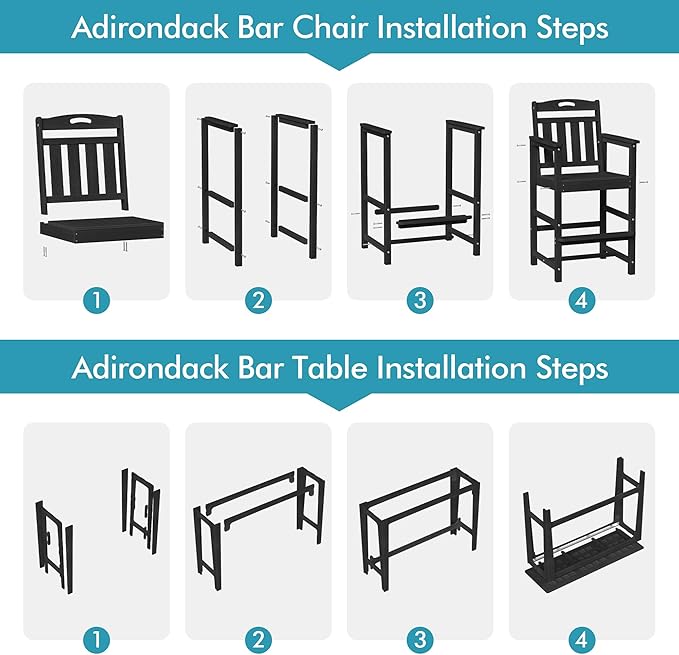 Ciokea 3 Pcs Outdoor Bar Height Table Set, 60" Extra Long Rectangle High Top Table and 2 Oversized Adirondack Chairs Set, Heavy-Duty All-Weather HDPE Patio Bar Set for Backyard Balcony Deck, Black