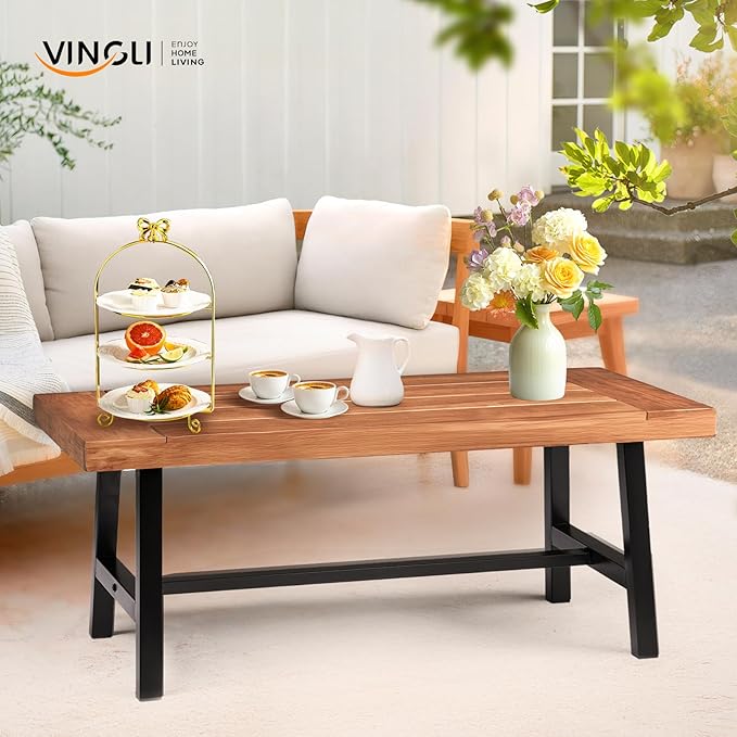VINGLI Outdoor Wooden Coffee Table with Metal Frame - Heavy Duty 350lbs All-Weather Patio Table, Waterproof Solid Wood Top & Rust-Proof Steel Base for Balcony, Porch, Deck, Garden, Rectangle