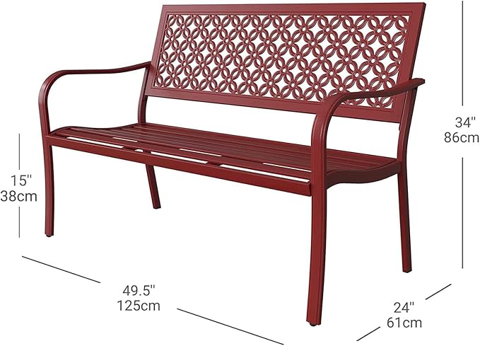 Grand patio Garden Bench, Outdoor Benches with Anti-Rust Metal Powder Coated Frame, Patio Bench for Front Porch Park Outside Furniture Decor, Cherry Red