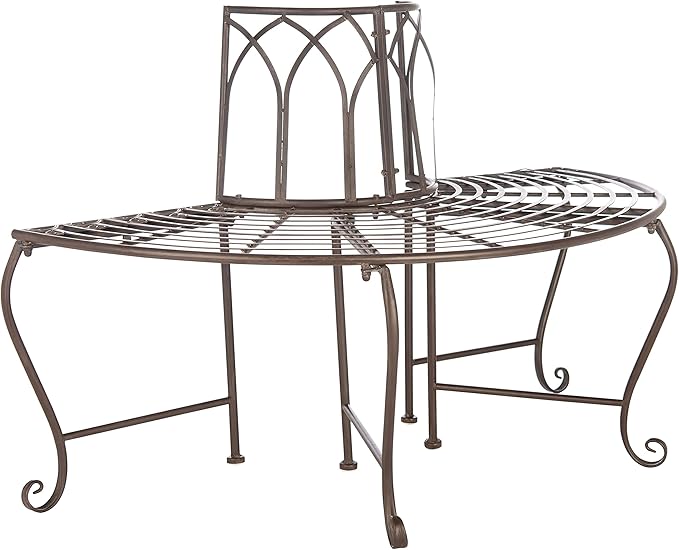 SAFAVIEH Outdoor Furniture Collection – Abia Rustic Brown Wrought Iron 50-Inch Curved Tree Bench, Garden & Patio Seating (PAT5018B)