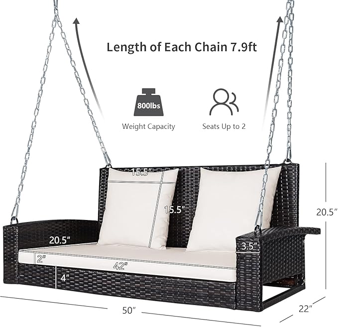 RELAX4LIFE 2-Seat Rattan Porch Swing, Wicker Outdoor Swings w/7.9 Ft Solid Metal Chain, Back & Seat Cushions for Garden Backyard, 800LBS Max Load, 2-Person Patio Swing, Beige & Black Cushion Covers