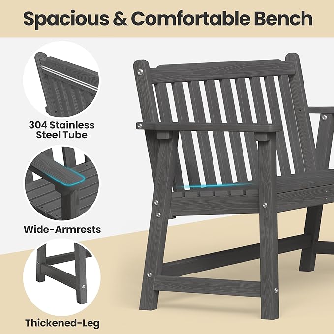 Ciokea 48" Outdoor Bench, HDPE Weatherproof Porch Bench, 2-Person Garden Benches with 550 Lbs, Waterproof Patio Benches for Outside Balcony Deck Backyard, Dark Grey